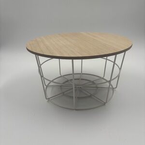 Modern 11" Round White Wire Basket Bin with Natural Wood Lid - Farmhouse